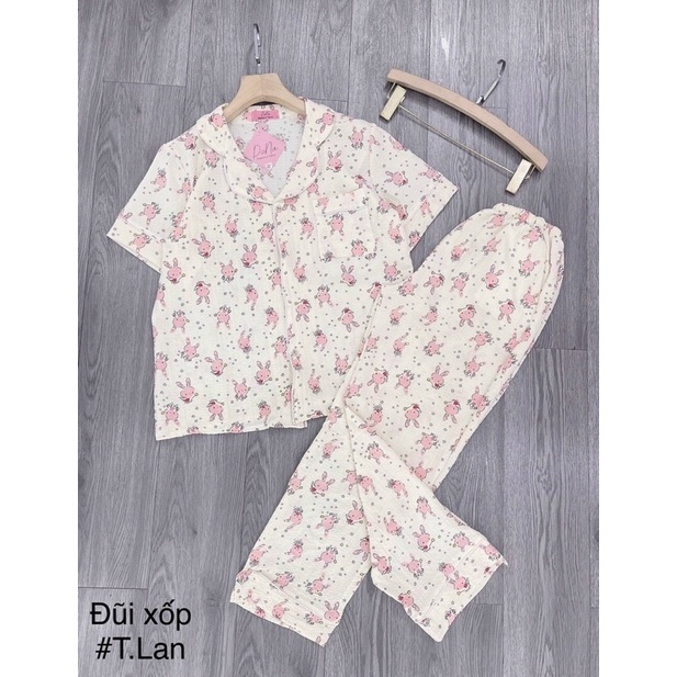 Bộ pyjamas chất đũi xốp áo cộc quần dài nhiều hình dễ thương, Bộ ngủ xinh phong cách trẻ trung mùa hè