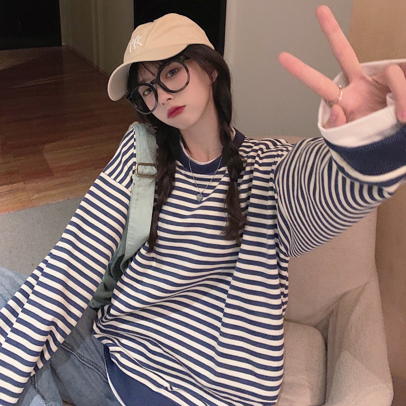 Áo Thun Sweater Mỏng Cổ Tròn Dáng Rộng Kẻ Sọc Thời Trang Mùa Thu Cho Nữ