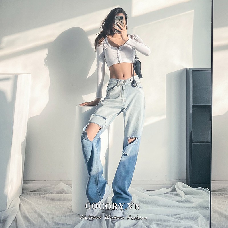 Quần Jean Nữ Lưng Cao Ống Rộng Thiết Kế Rách Gối Thời Trang | BigBuy360 - bigbuy360.vn