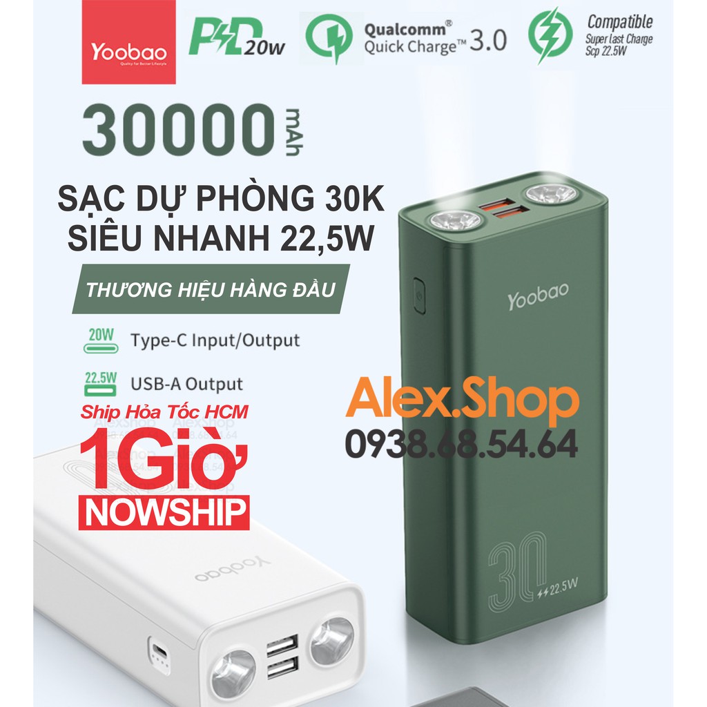 Sạc Dự Phòng Khủng Siêu Nhanh Yoobao 22,5W Đèn Pin Siêu Sáng 30000mah Du Lịch Dã Ngoại Cần Nguồn Năng Lượng Cao