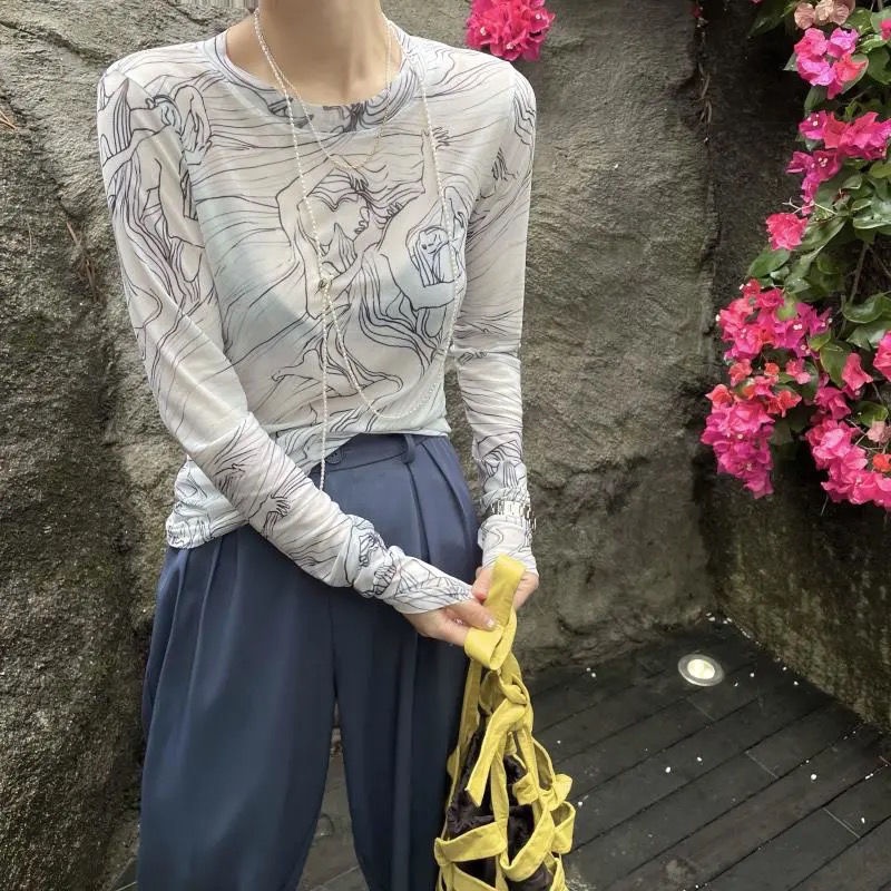 Áo thun lưới tay dài dáng ôm thời trang xuân hè 2023 cho phái nữ