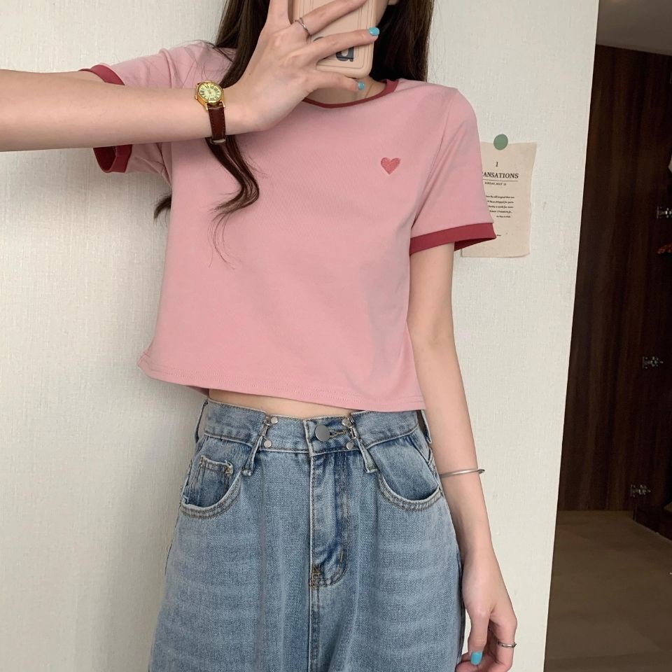 Áo Thun Ngắn Tay Thêu Họa Tiết Trái Tim Thời Trang Mùa Hè Phong Cách Hàn Quốc 2022 Cho Nữ