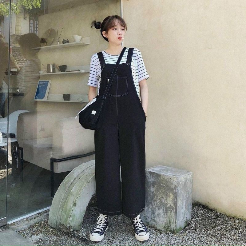Quần Yếm Kaki Chỉ Nổi ống Suông Dài Màu Đen, Yếm Quần Ulzzang Phong Cách Hàn Quốc