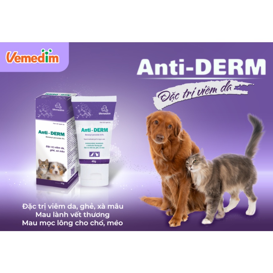 Kem thoa chó mèo viêm da ghẻ Vemedim anti derm 40G, chăm sóc lông thú cưng Con Mèo Xiêm