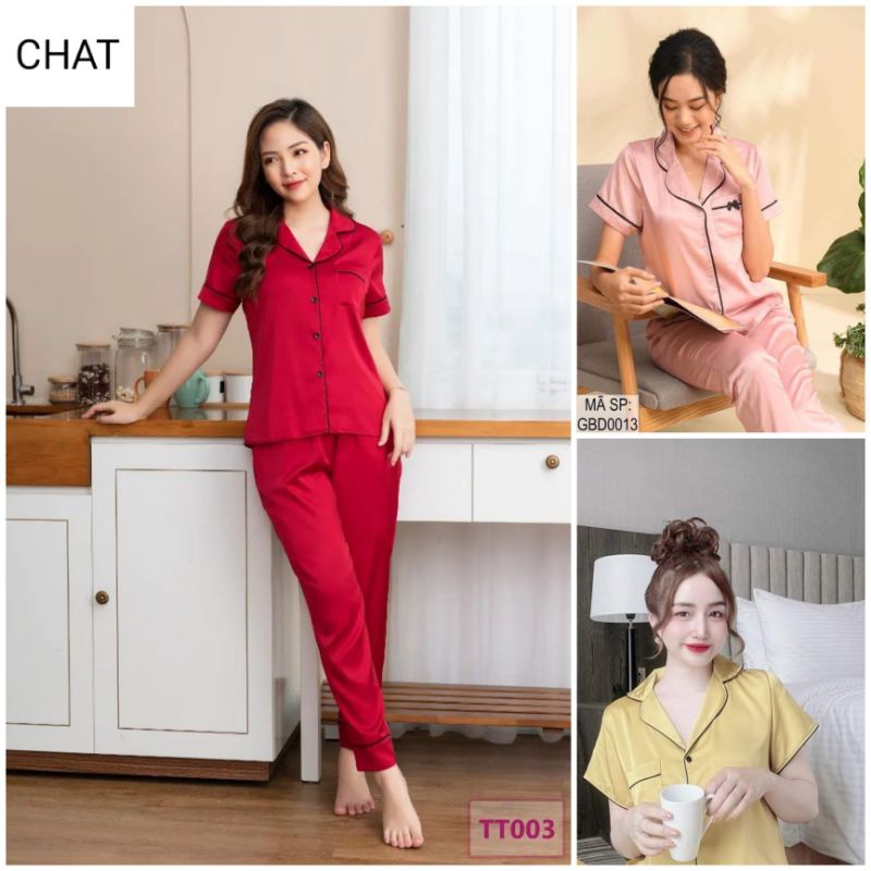 Bộ Pyjama Lụa Viền Tay Cộc Quần Dài Cao Cấp