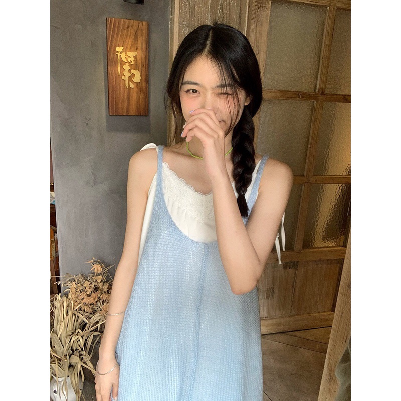 Set Váy Suông Dệt Kim Xếp Tầng Màu Xanh Sữa + Đường Khâu Ren Nhẹ Nhàng