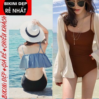 Bikini 2 mảnh yếm lệch vai, set bộ tắm biển quần cạp cao buộc hông che bụng