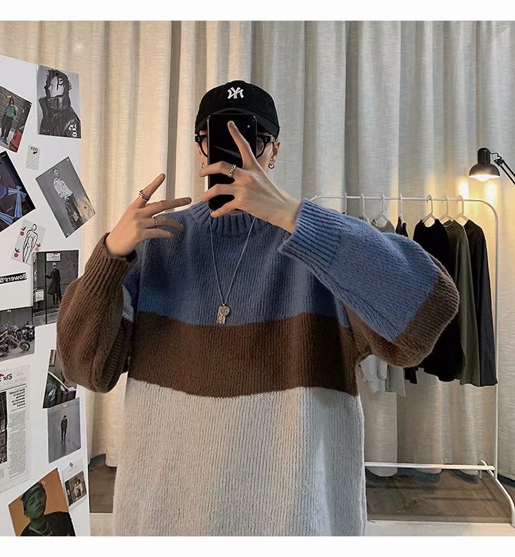 Áo Sweater IFNICEFUTURE Dệt Kim Dáng Rộng Cổ Tròn Màu Sắc Tương Phản Phong Cách Harajuku Nhật Hàn Cho Nam