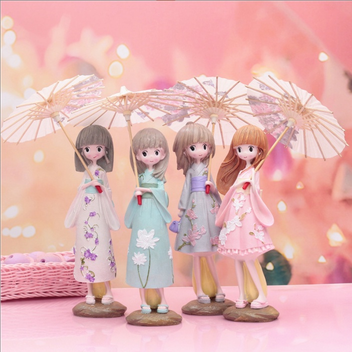 Tượng trang trí để bàn hình cô gái Nhật Bản cầm dù mặc kimono - Đồ trang trí bàn size To búp bê Nhật Bản