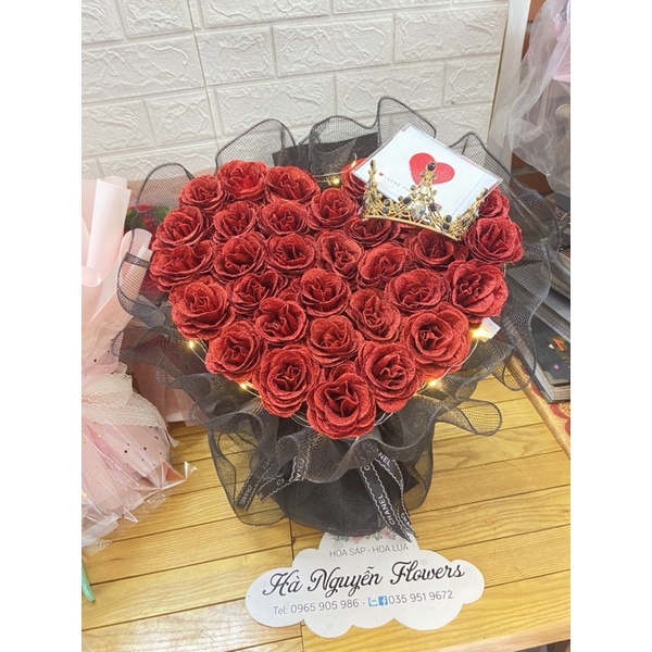 [Hoa sinh nhật- quà 14/2]_ Bó hoa hồng nhũ 40 bông kết hợp lưới siêu sang tặng kèm đèn nháy và full toping