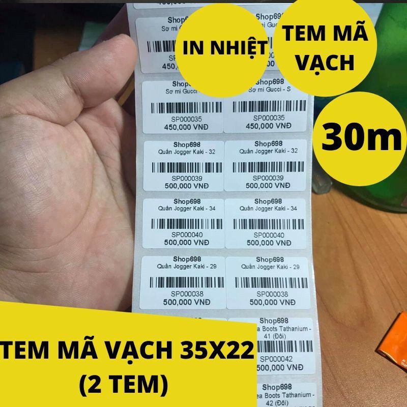 Giấy in mã vạch 2 tem ngang 35x22mm( Cuộn 30m 2500 tem ) - Giấy decal nhiệt 2 tem khổ 70x22mm