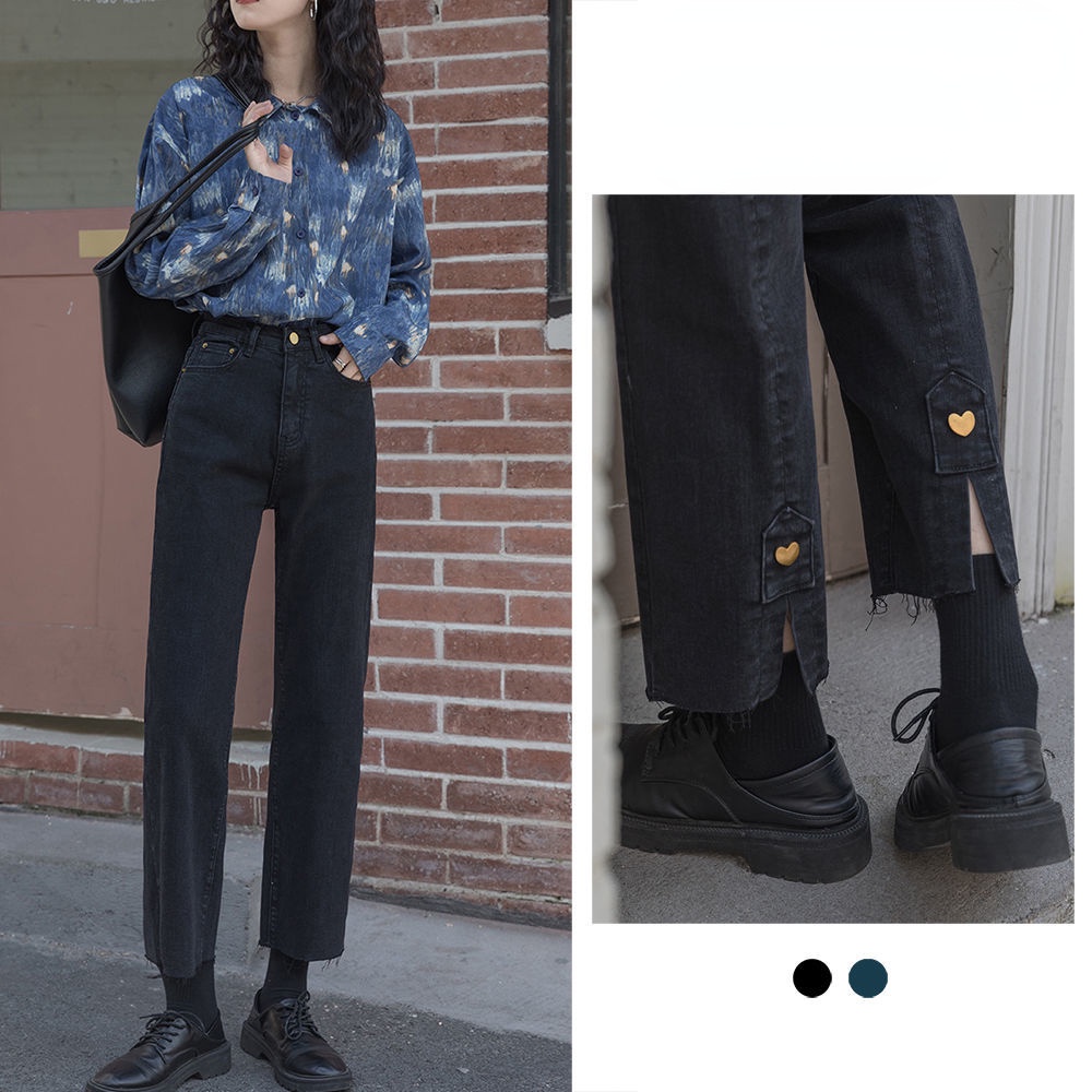 Quần Jean Đen Dài Ngang Mắt Cá Chân Eo Cao Dáng Rộng Thời Trang Mùa Đông Cho Nữ