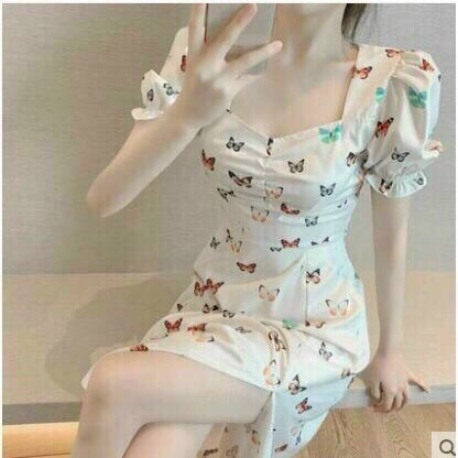 Đầm nữ in hoa xẻ tà tay phồng nhún ngực phong cách trẻ trung ( có mút ngực ) | BigBuy360 - bigbuy360.vn