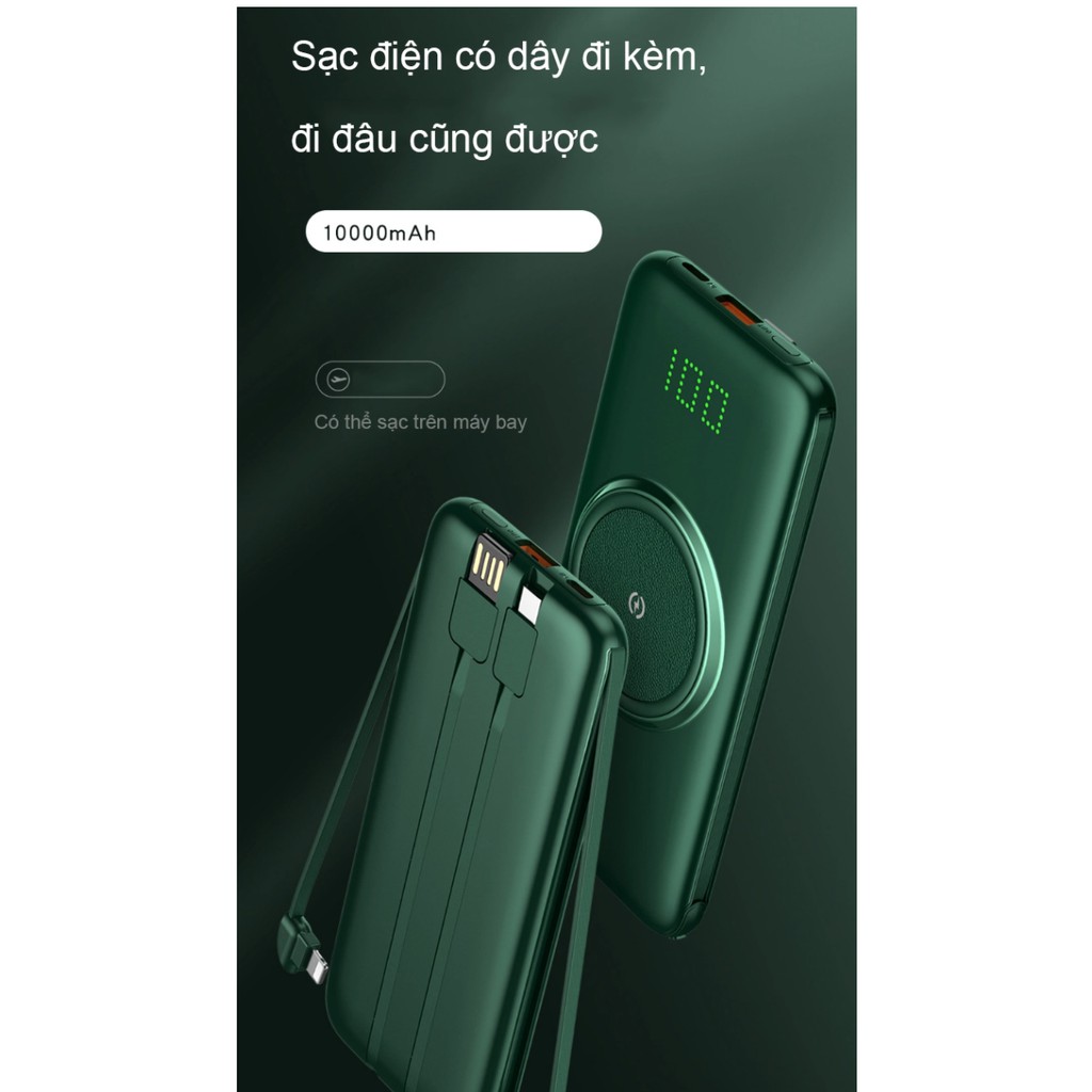 Pin sạc dự phòng 10000mAh hiển thị thông số tích hợp dây sạc đi kèm GreenPower thế hệ mới