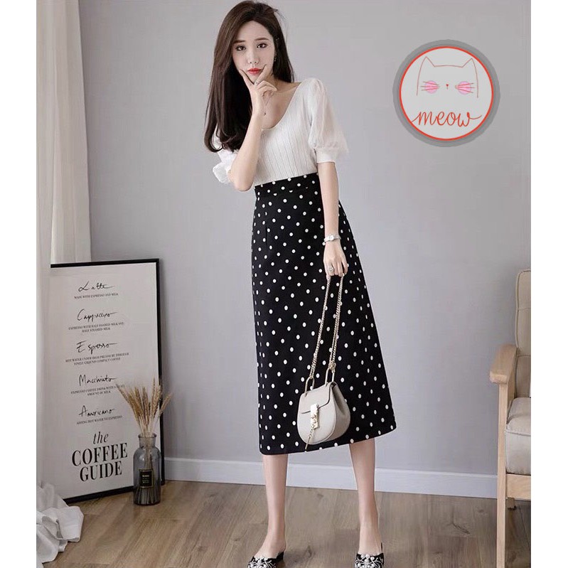 Chân váy chấm bi dáng dài cạp cao có size