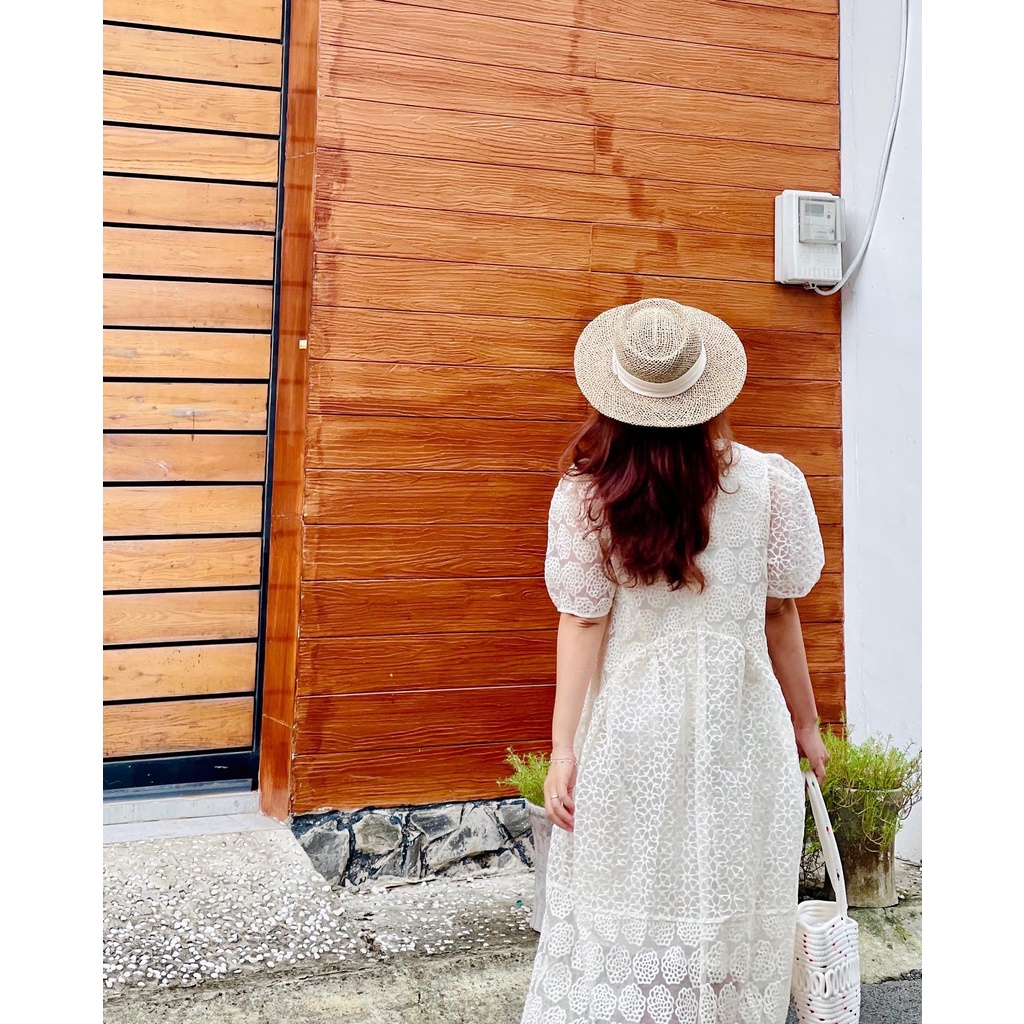 (HÀNG SẴN) Váy babydoll dáng dài chất ren thêu, đầm suông dài form rộng BIGSIZE màu kem tay ngắn có lớp lót