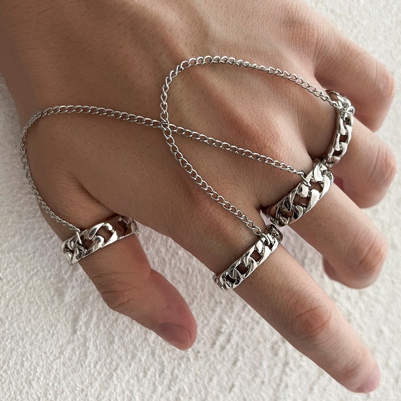 Bộ Nhẫn Hai Mảnh Bằng Thép Không Gỉ Màu Bạc/Bạc Phối Dây Xích Phong Cách Punk Hiphop Thích Hợp Làm Quà Tặng