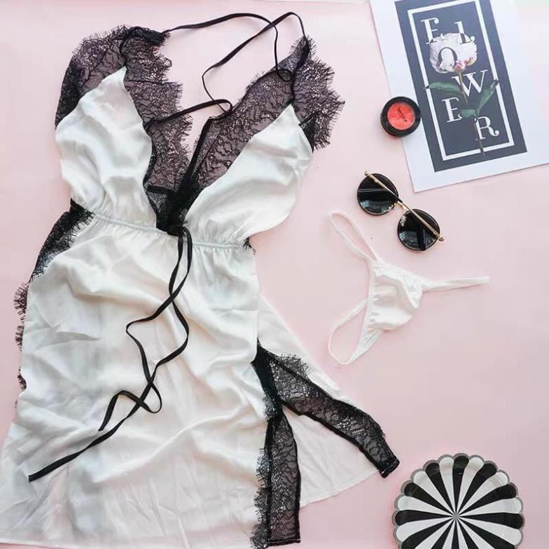 Đầm ngủ phi lụa hai dây phối ren xẻ tà hở lưng gợi cảm (màu trắng viền ren đen) !