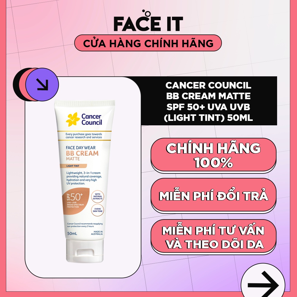 Kem chống nắng Cancer Council - BB Cream 3 trong 1 SPF50+/PA++++ 50ml ( màu light tint)