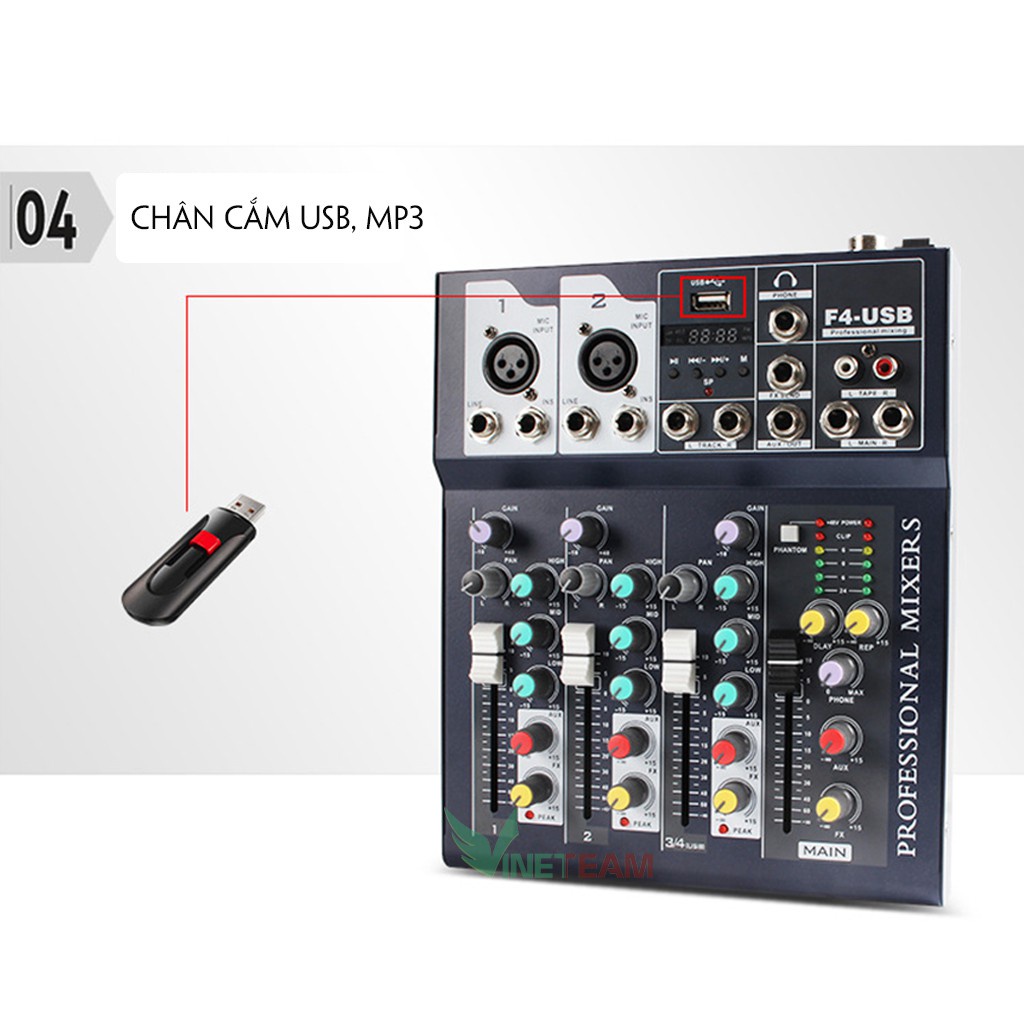 Bộ chộn âm thanh Mixer F4 Pro USB có Bluetooth bản nâng cấp tặng dây truyền nhạc ,Zắc 6.5 -dc4178+dc867+dc3125