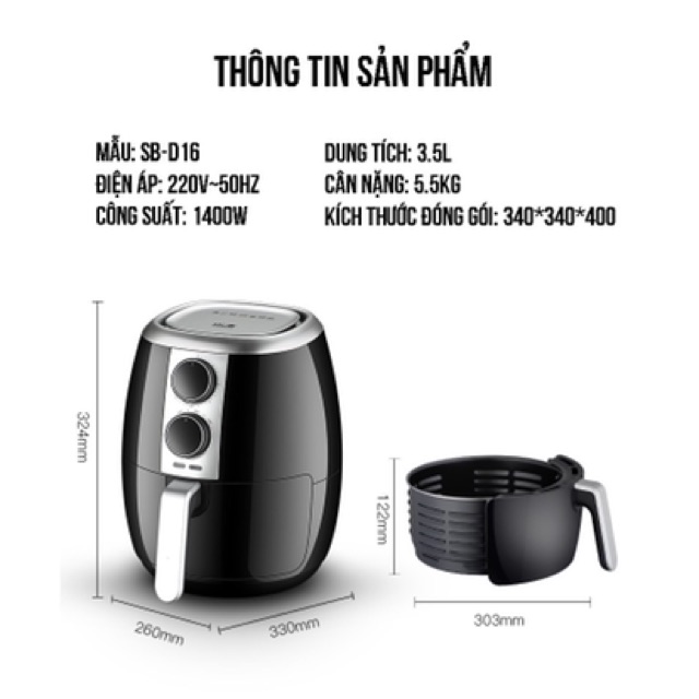 [Mã 66ELHASALE hoàn 7% đơn 500K] Nồi chiên không dầu Shanben D16 3,5l sale