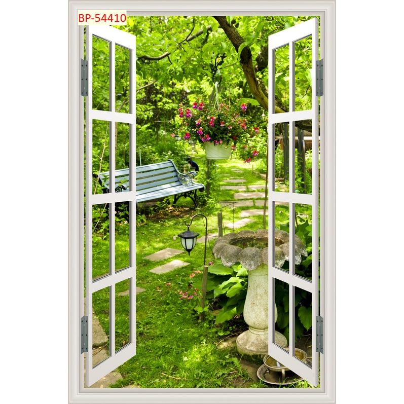 Tranh dán tường 3D khung cửa sổ phong cảnh In Theo Kích Thước Yêu Cầu Có Keo Dán