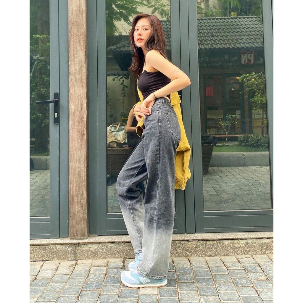 Quần bò loang màu nữ - Culottes jeans suông ống rộng cạp cao tôn dáng so HOT