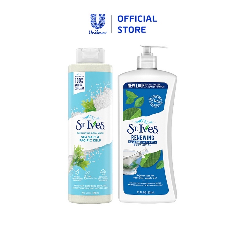 [Mã COSUI5 giảm 8% đơn 150K] Combo Sữa tắm St.ives Muối biển 650ml và Sữa dưỡng thể St.Ives collagen trẻ hoá da 621ml