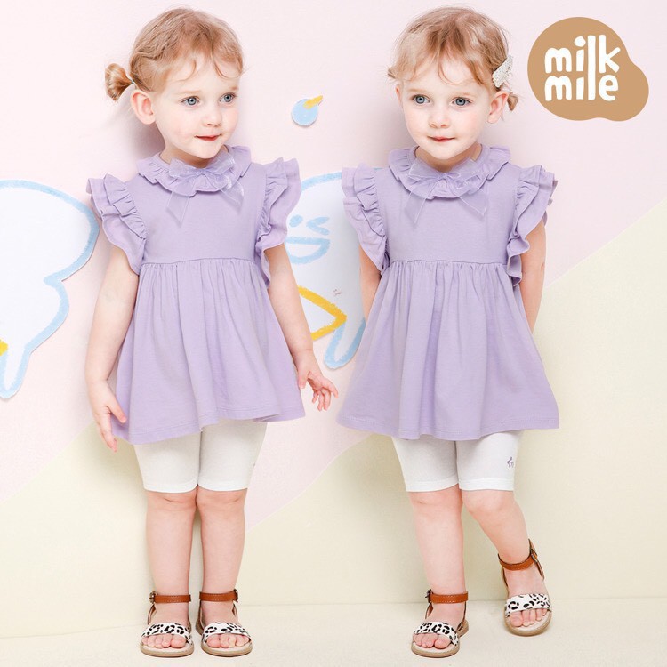 Set Áo Cotton Tay Bèo Cổ Nơ Kèm Quần Legging Lửng MilkMile Xuất Hàn Cho Bé Gái Từ 10-20kg