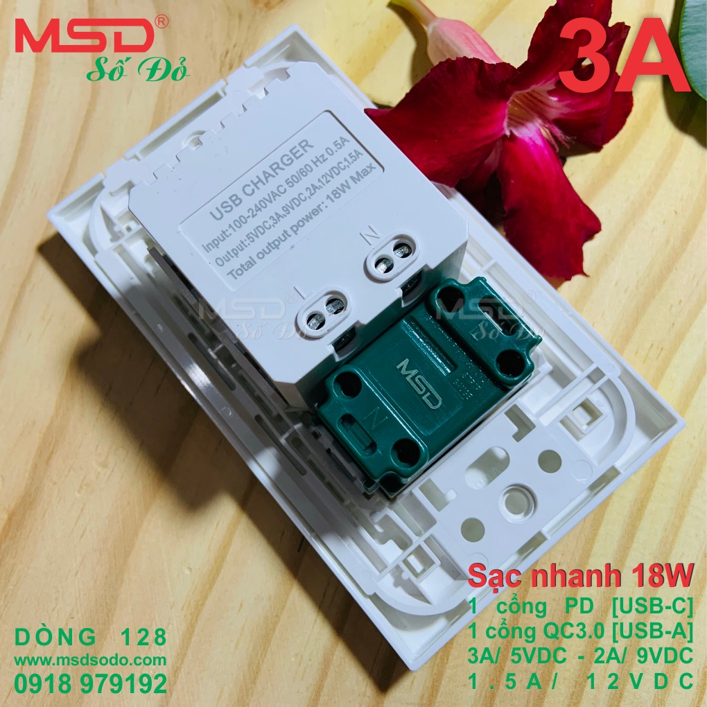 SẠC NHANH 18W ÂM TƯỜNG - PD 3A/5VDC - QC3.0 2.4A/5VDC - 1 Ổ CẮM 2P - MSD128