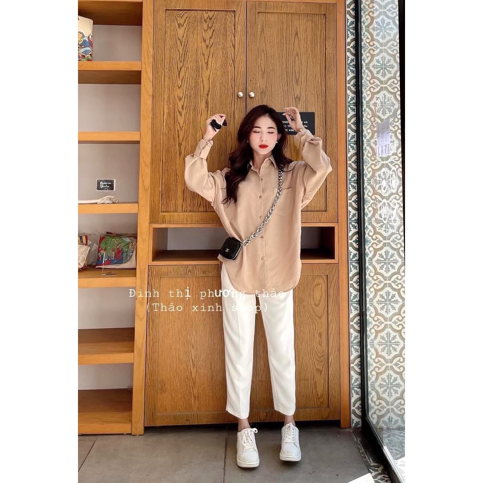 Set Sơ Mi Đũi Xanh Be Nữ Tính [FREESHIP]🌸 Bộ quần culottes suông ống rộng trắng kèm áo thun dài tay form rộng Ulzzang🌸