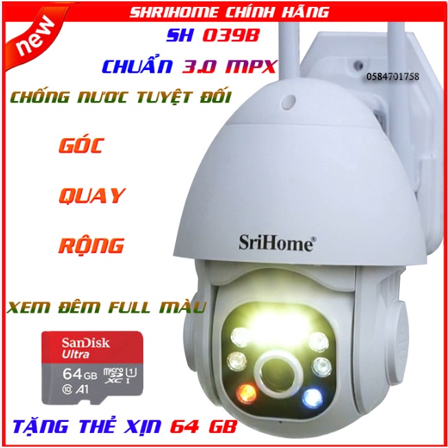 [Tặng thẻ xịn 64]Camera SRIHOME SH039B độ phân giải chuẩn 3.0 mpx, xem đêm full  màu, góc quay rộng, chống nước tốt