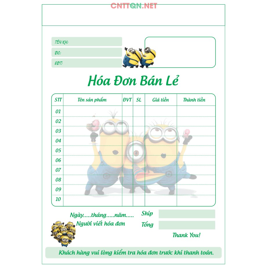 Combo 100 hóa đơn bán hàng dể thương kitty minion vit thỏ stick