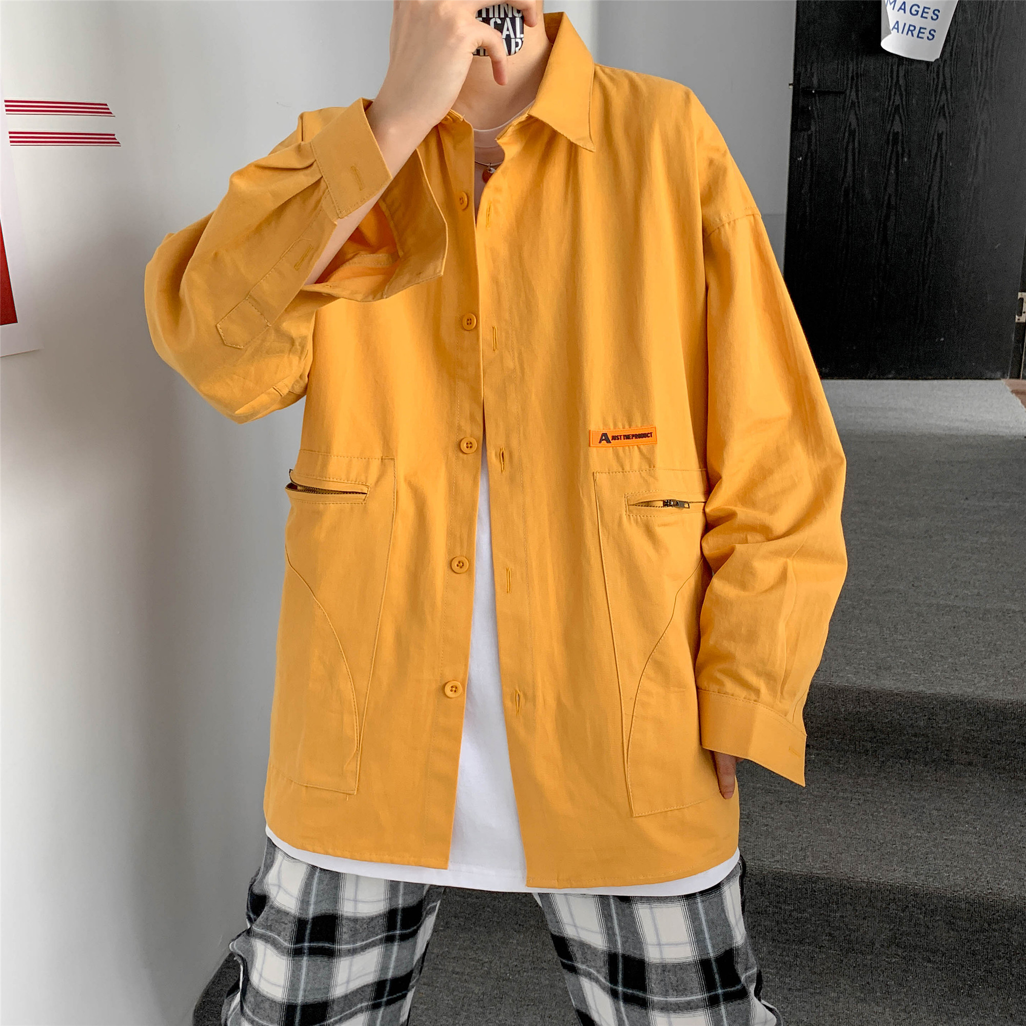 Áo sơ mi tay dài nhiều túi hộp nhãn màu vàng 3 màu tùy chọn M-3XL cho nam | BigBuy360 - bigbuy360.vn