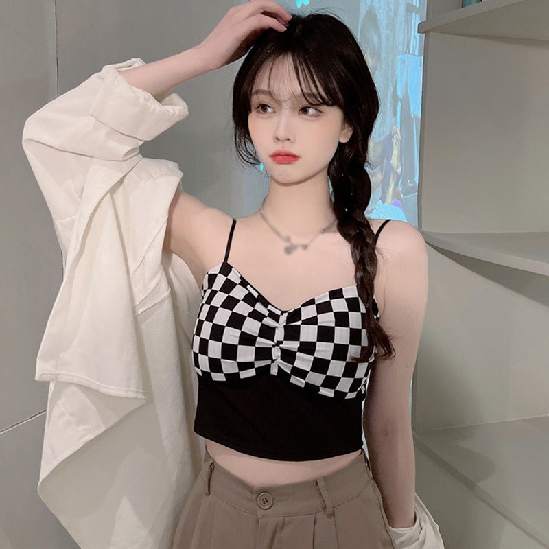 Áo Hai Dây Ôm Dáng Kẻ Sọc Caro Có Mút Đệm Ngực Thời Trang Mùa Hè Quyến Rũ Cho Nữ