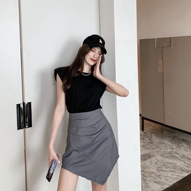 Set Áo Cotton Cao Cấp Không Tay Độn Vai Chân Váy Vạt Chéo Nhún Cạp Thời Trang Sugal TOP NU 033 + CV NU 010