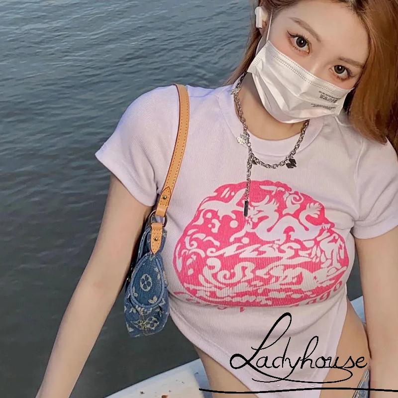 Áo Thun Crop Top Tay Ngắn Cổ Tròn In Họa Tiết Phong Cách Vintage Dành Cho Nữ