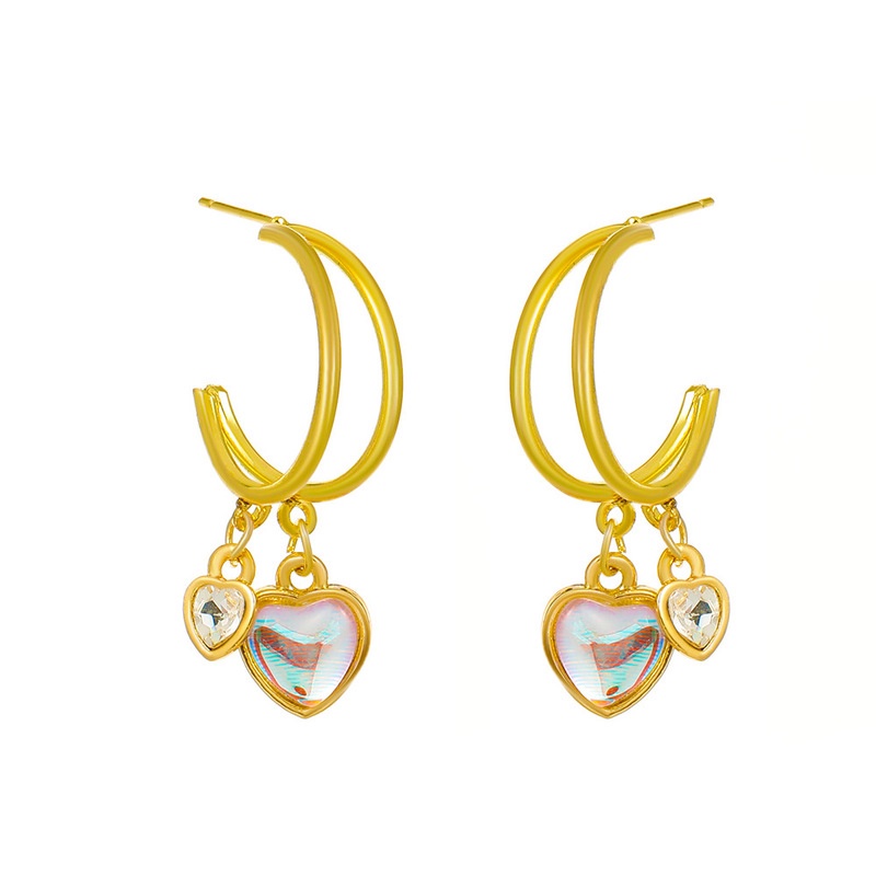 Bông Tai Hai Lớp Hình Chữ C Đính Đá Zircon Màu Cực Quang Phong Cách Hàn Quốc Cho Nữ