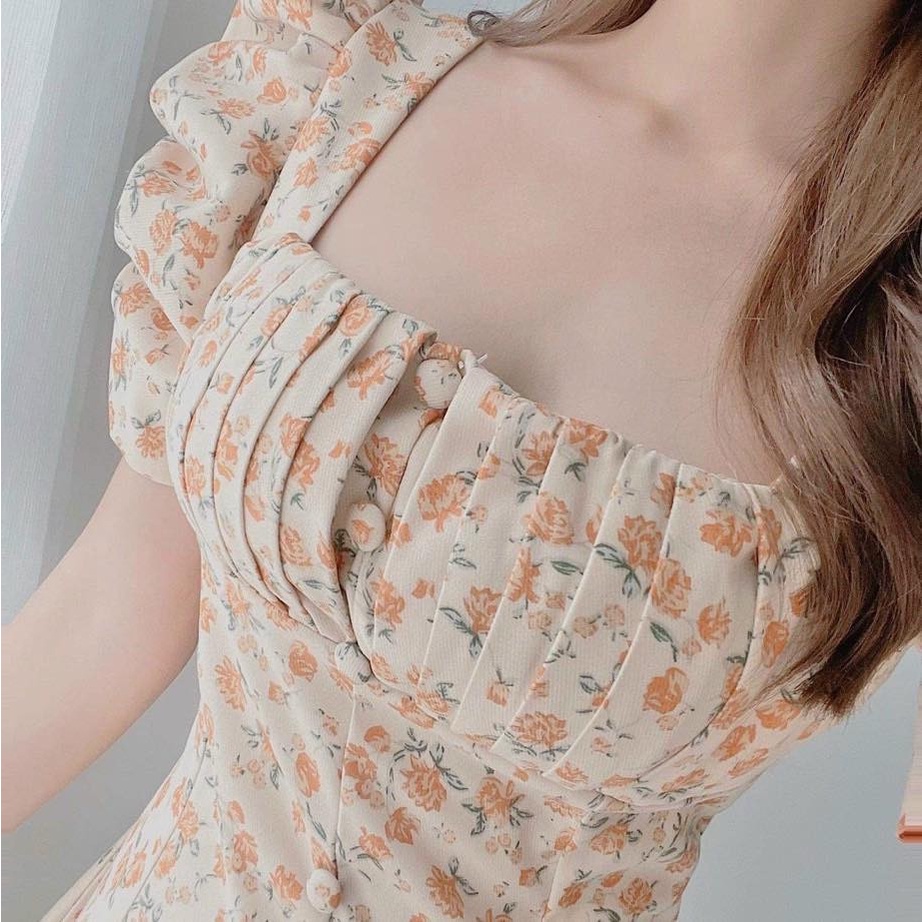 Đầm Hoa Nhí Vintage❤️FREESHIP❤️ Dáng Xòe Cổ Vuông Tay Phồng Phối Nút Ngực Xếp Ly Xinh Xắn