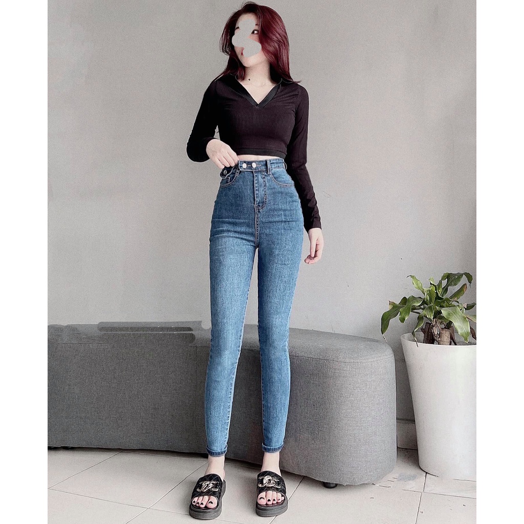 [ BẾN ĐÒ ] QUẦN SKINNY JEANS GIÃN DÀI NỮ LƯNG CAO 2 NÚT NGANG MÀU XANH CAO CẤP NITIQC THƯỢNG THỪA PHONG CÁCH