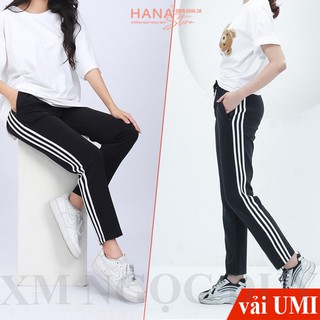 Quần thể thao nữ dài 3 viền sọc trắng vải Umi ống baggy bo gấu - Quần jogger thun nỉ đen có túi dây rút đi học thể dục