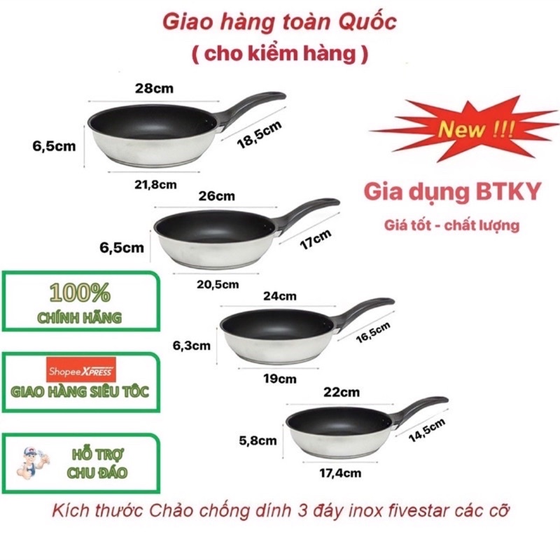 Chảo Chống Dính 3 Đáy Inox 430 Fivestar Bếp Từ ( 16cm/20cm/22cm/24cm/26cm/28cm ) Dùng Cho Mọi Loại Bếp