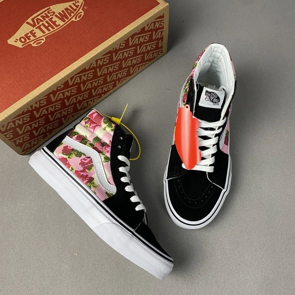 VANS Giày Thể Thao Canvas Cổ Cao Thêu Hoa Hồng Thời Trang Cho Cặp Đôi