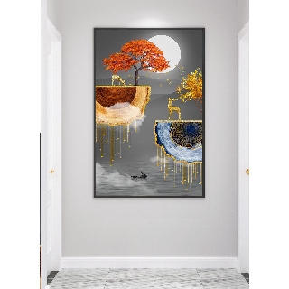 Tranh treo tường HD Đôi nai vàng mùa thu dưới trăng HZTU_47661 KT 40 x 60 cm