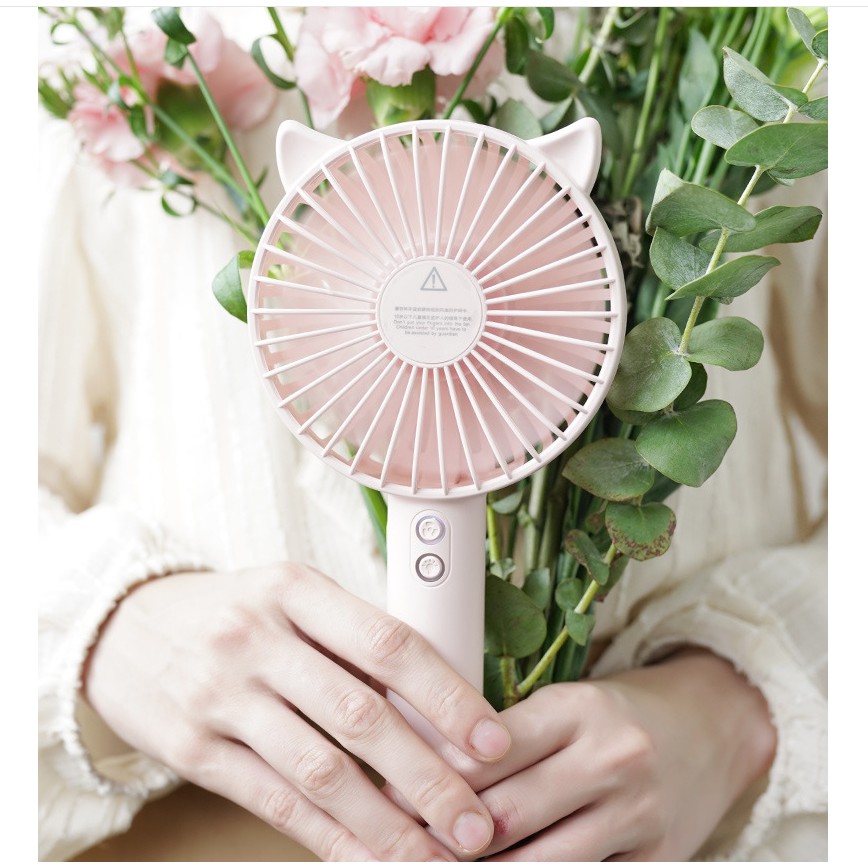 Quạt mini cầm tay tiện dụng handy fan 3 tốc độ gió tai mèo cao cấp có đèn kiêm giá đỡ điện thoại