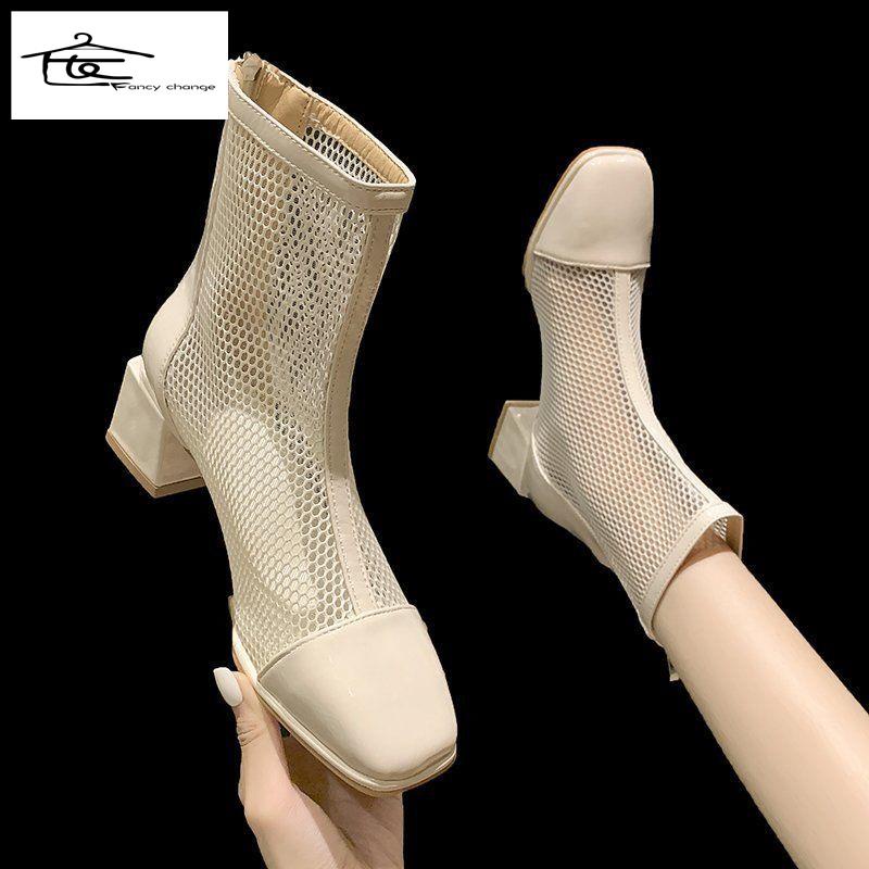 Giày Bốt Martin Mũi Vuông Phối Lưới Rỗng Thoáng Khí Thời Trang Mùa Hè 2022 Cho Nữ