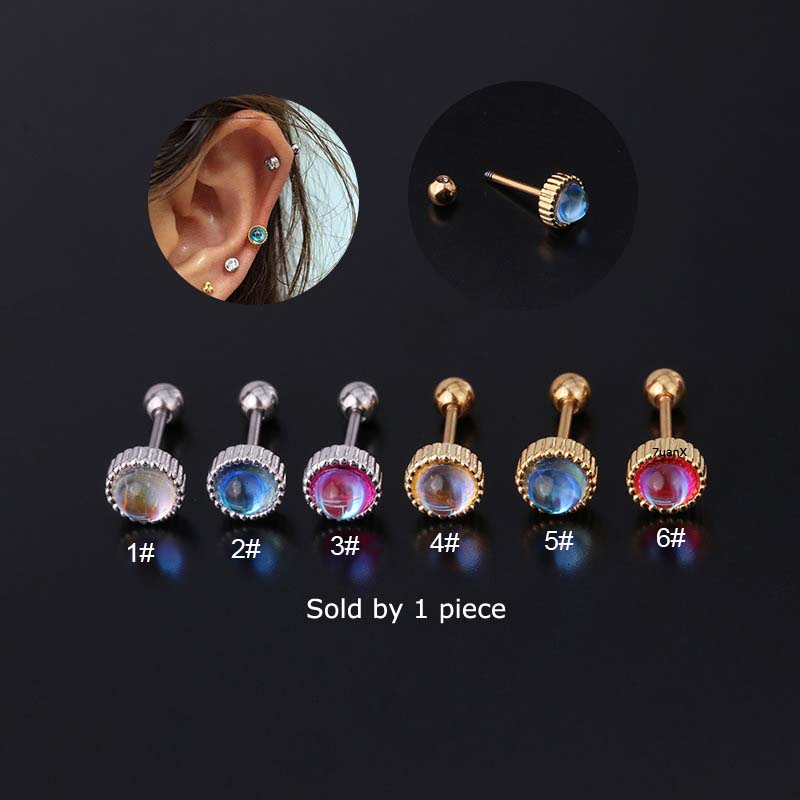 Khuyên tai đơn mặt tròn đính đá nhân tạo thép không gỉ dài 6mm 20G