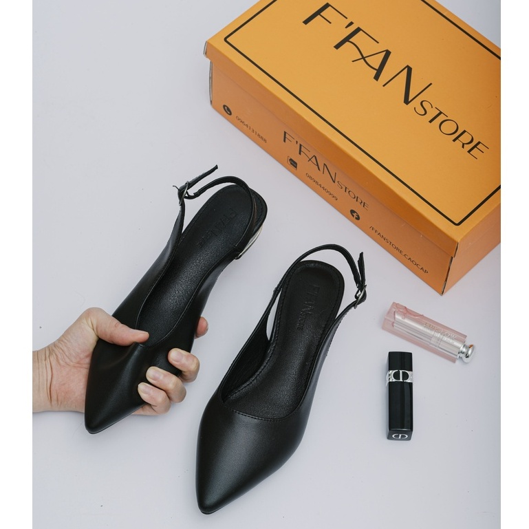 Giày nữ hở gót mũi nhọn đế vuông [da thật] mềm mại, cao gót bít mũi quai cài màu đen 2 3 5 phân big size FFAN STORE
