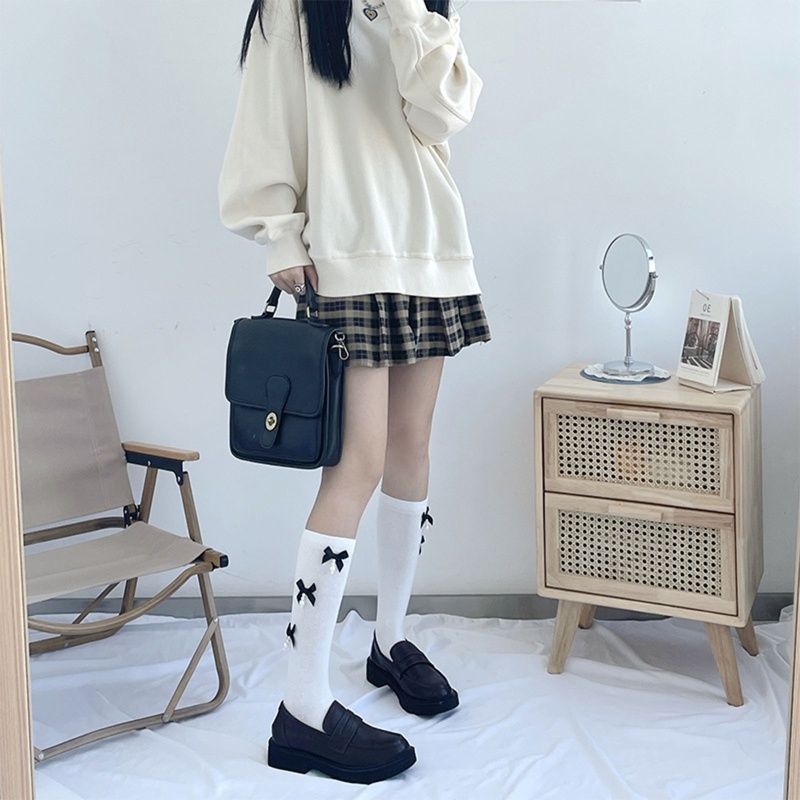 Tất Cotton Dài Qua Gối Đính Nơ Ngọc Trai Phong Cách Lolita