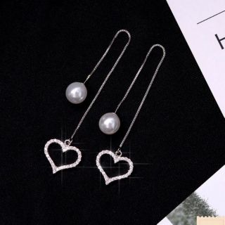 Bông tai tim dáng dài bạc ý 925